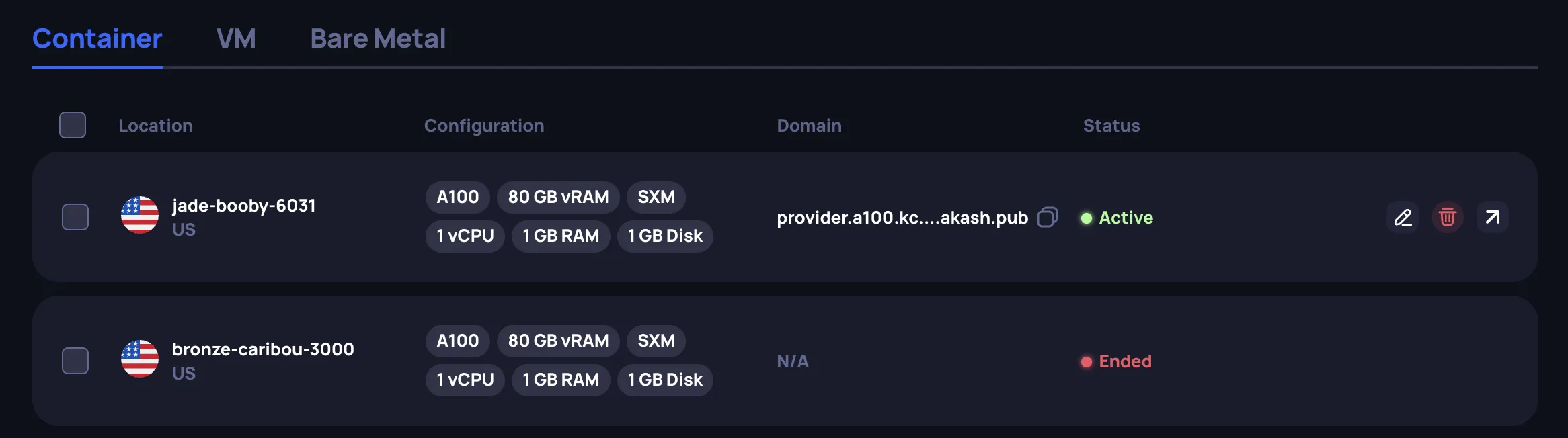 Container instances list